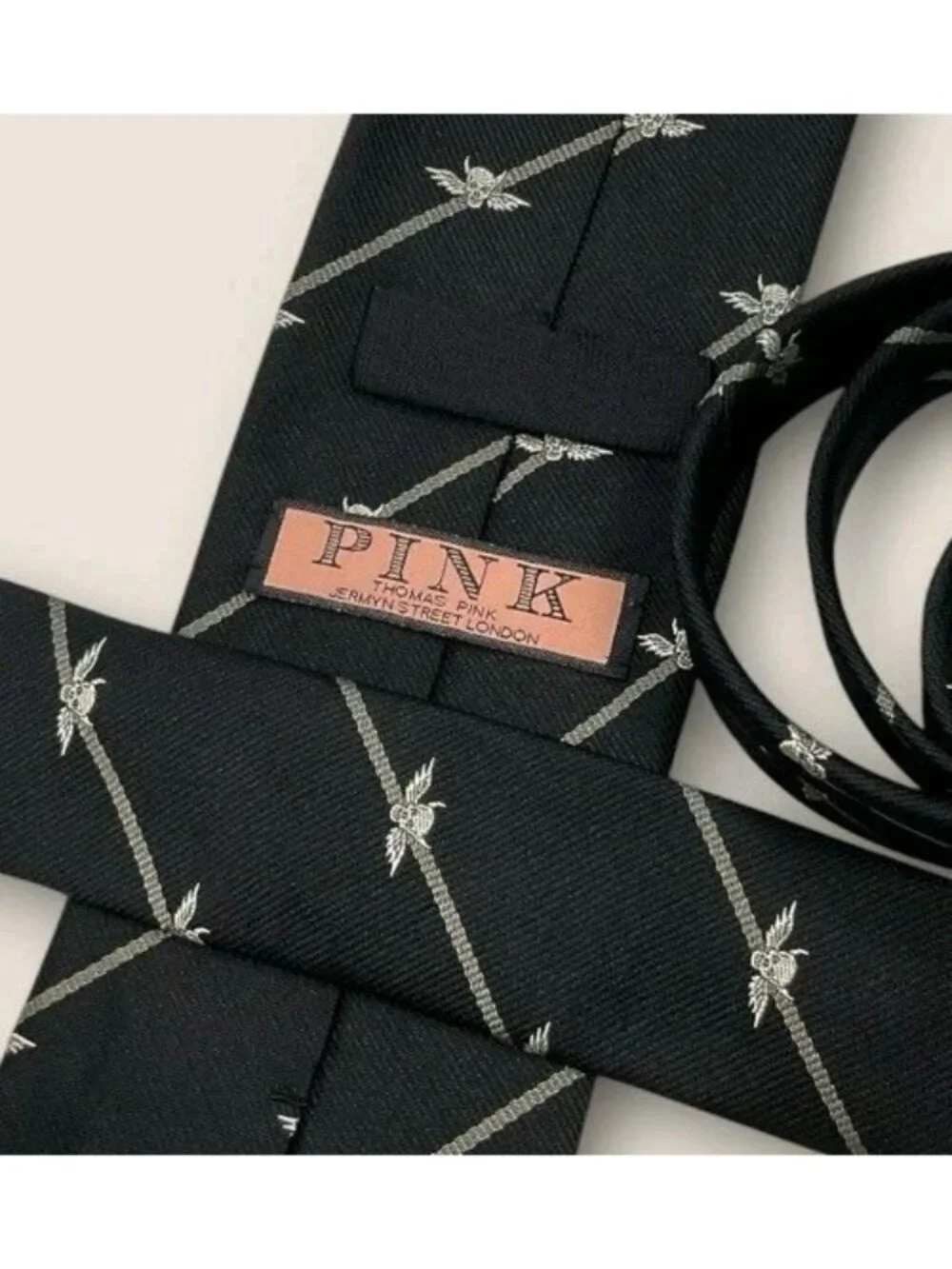 THOMAS PINK Silk Tie Black Gray White Striped Skull Wings W:3.4